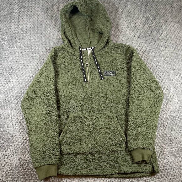 Victoria's Secret Pink Sherpa Half-Zip Pullover Hoodie Green Sz Small Soft Girl - Picture 1 of 8